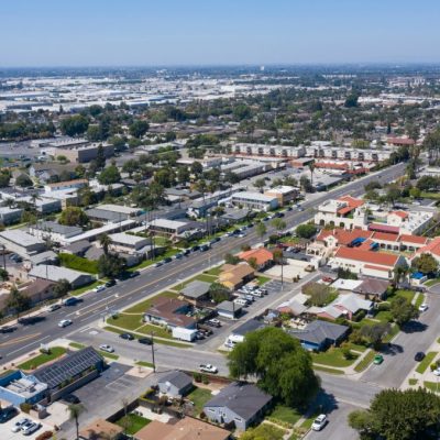 Aerial view of Downtown Fullerton, California.